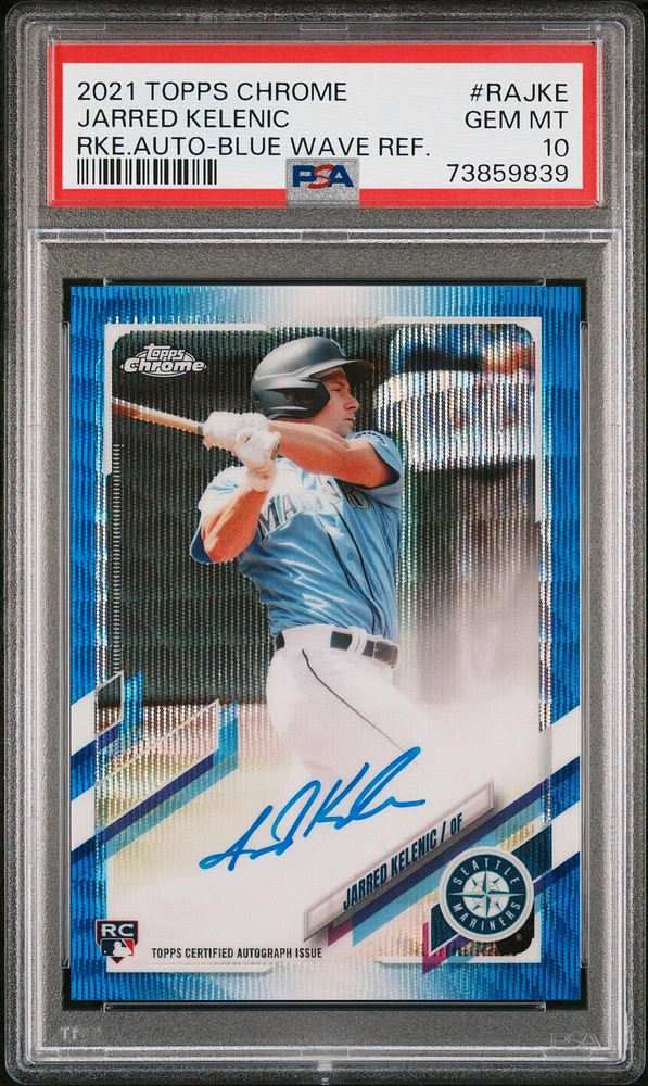 2021 Topps Chrome Rookie Autographs Rajke Jarred Kelenic Blue Wave Refractor PSA 10
