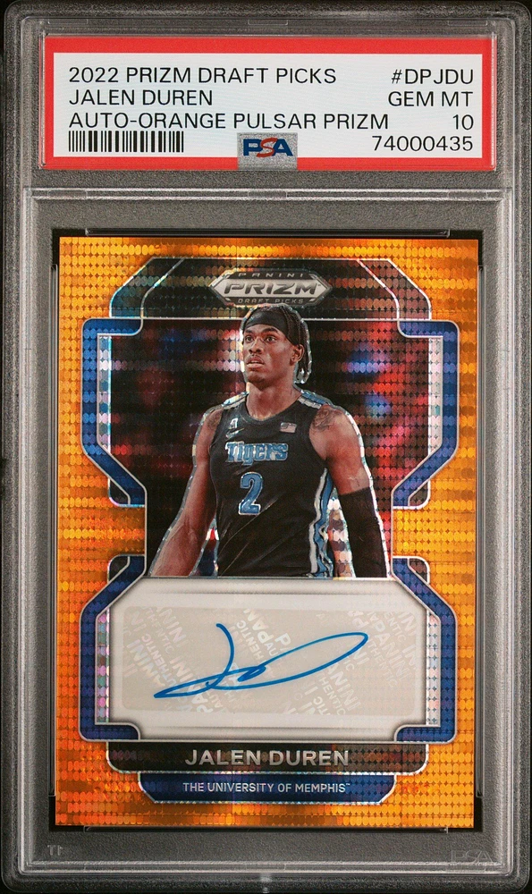 2022-23 Panini Prizm Draft Picks Draft Picks Autographs Dpjdu Jalen Duren Orange Pulsar Prizm PSA 10