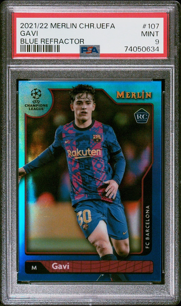 2021-2022 Topps Merlin Chrome Uefa League 107 Gavi Blue Refractor PSA 9