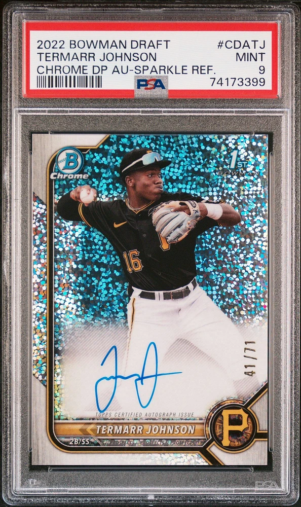 2022 Bowman Draft Chrome Draft Pick Autographs Cdatj Termarr Johnson Sparkle Refractor PSA 9