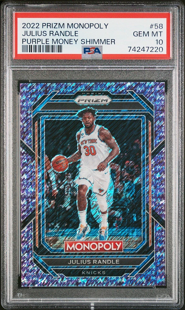 2022 Panini Prizm Monopoly 58 Julius Randle Purple Money Shimmer PSA 10