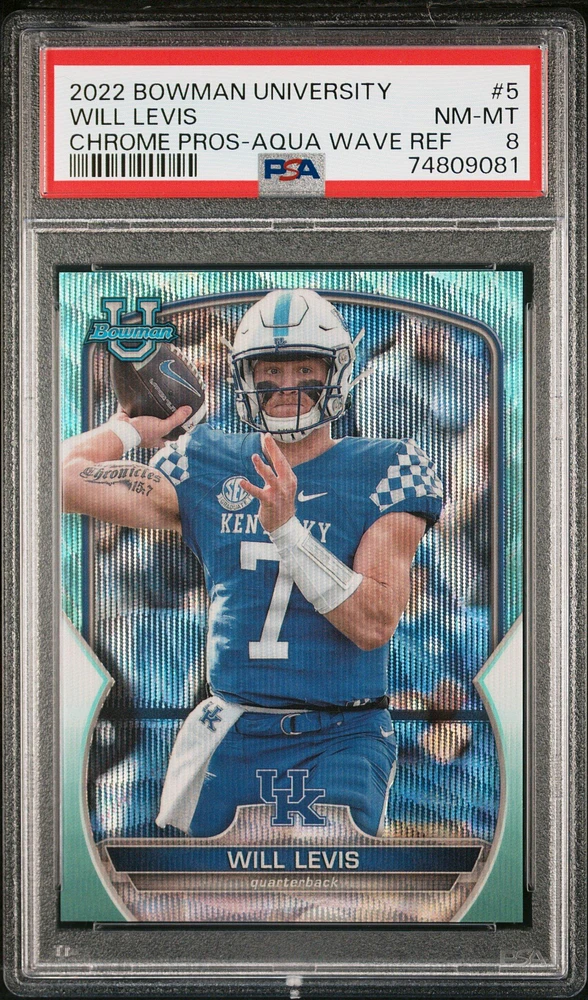 2022 Bowman University Chrome Prospects 5 Will Levis Aqua Wave Refractor PSA 8