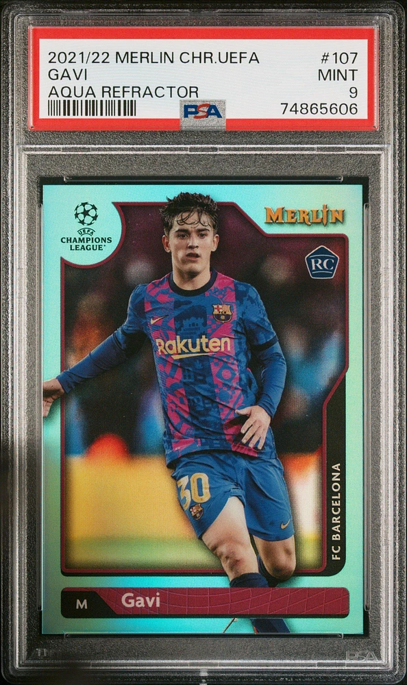 2021-2022 Topps Merlin Chrome Uefa League 107 Gavi Aqua Refractor PSA 9