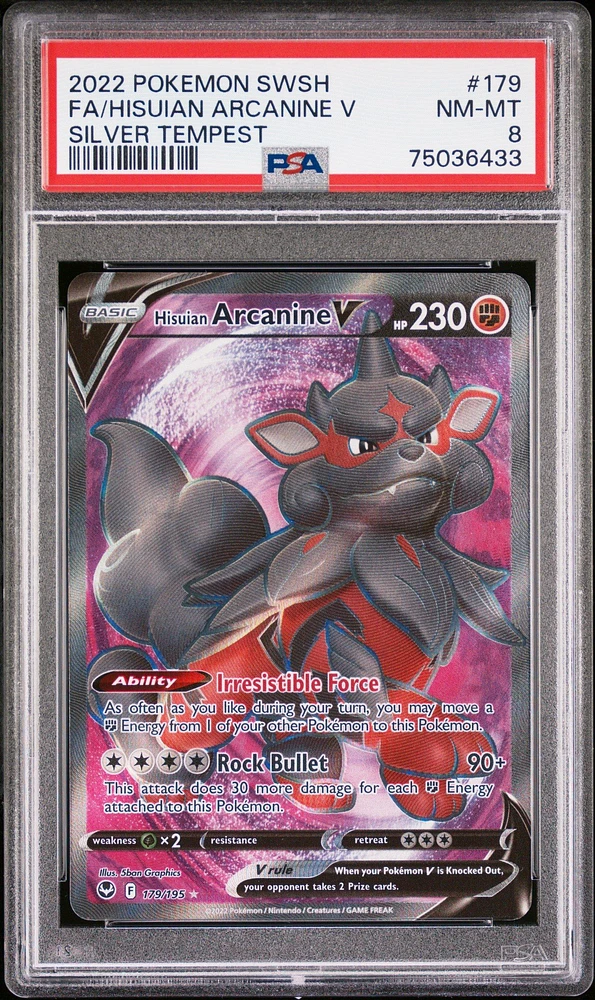 2022 Pokemon Sword & Shield Silver Tempest 179 Fa/hisuian Arcanine V PSA 8