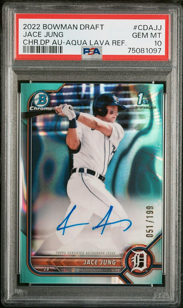 2022 Bowman Draft Chrome Draft Pick Autographs Cdajj Jace Jung Aqua Lava Refractor PSA 10
