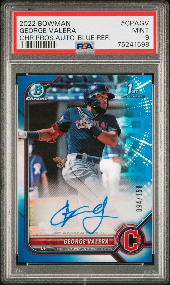 2022 Bowman Chrome Prospect Autographs Cpagv George Valera Blue Refractor PSA 9
