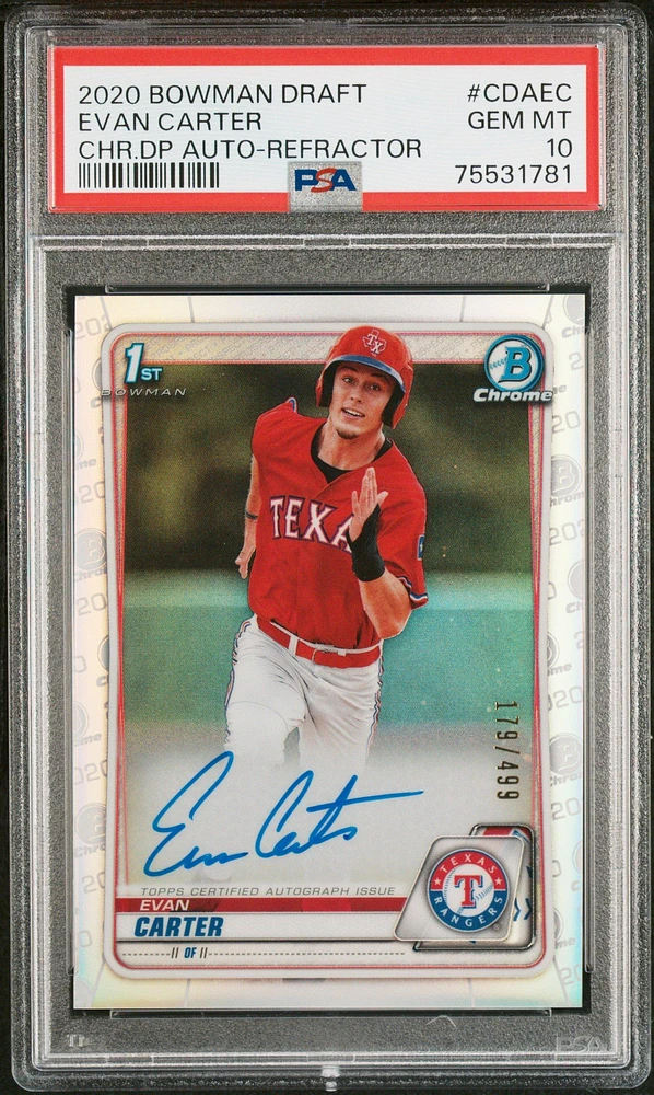 2020 Bowman Draft Chrome Draft Picks Autographs Cdaec Evan Carter Refractor PSA 10