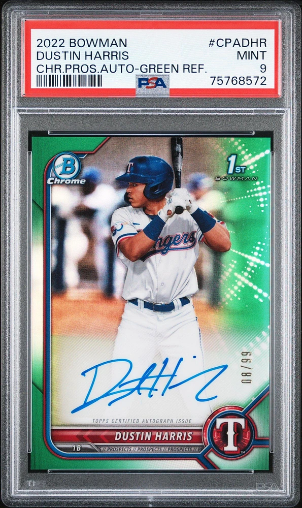 2022 Bowman Chrome Prospect Autographs Cpadhr Dustin Harris Green Refractor PSA 9