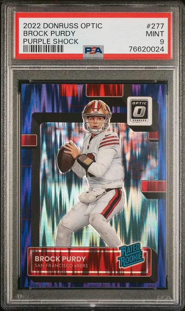 2022 Panini Donruss Optic 277 Brock Purdy Purple Shock PSA