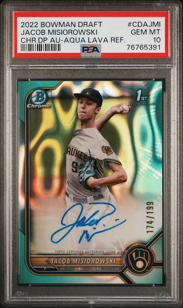 2022 Bowman Draft Chrome Draft Pick Autographs Cdajmi Jacob Misiorowski Aqua Lava Refractor PSA 10