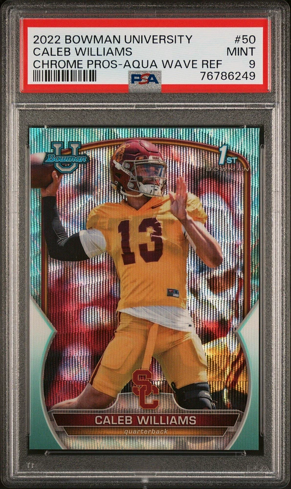 2022 Bowman University Chrome Prospects 50 Caleb Williams Aqua Wave Refractor PSA
