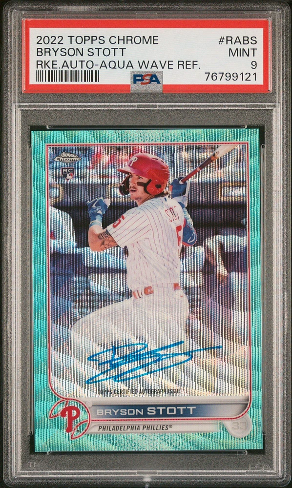 2022 Topps Chrome Rookie Autographs Rabs Bryson Stott Aqua Wave Refractor PSA 9
