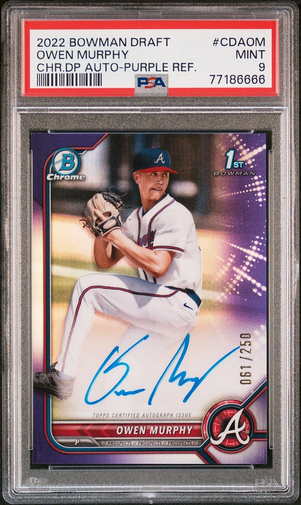 2022 Bowman Draft Chrome Draft Pick Autographs Cdaom Owen Murphy Purple Refractor PSA 9