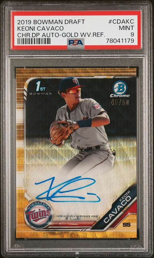 2019 Bowman Draft Chrome Draft Picks Autograph Cdakc Keoni Cavaco Gold Wave Refractor PSA 9