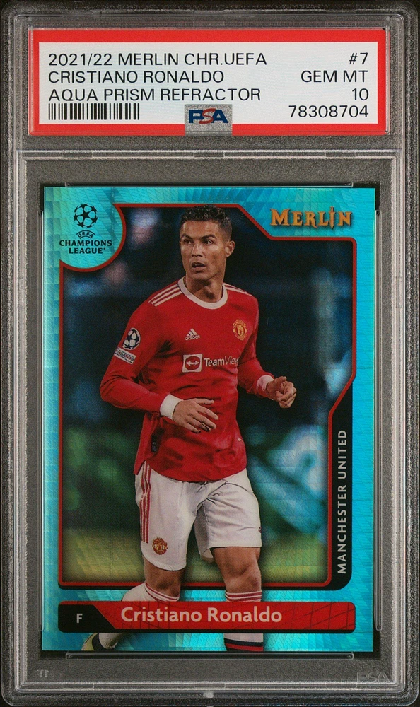 2021-2022 Topps Merlin Chrome Uefa League 7 Cristiano Ronaldo Aqua Prism Refractor PSA 10