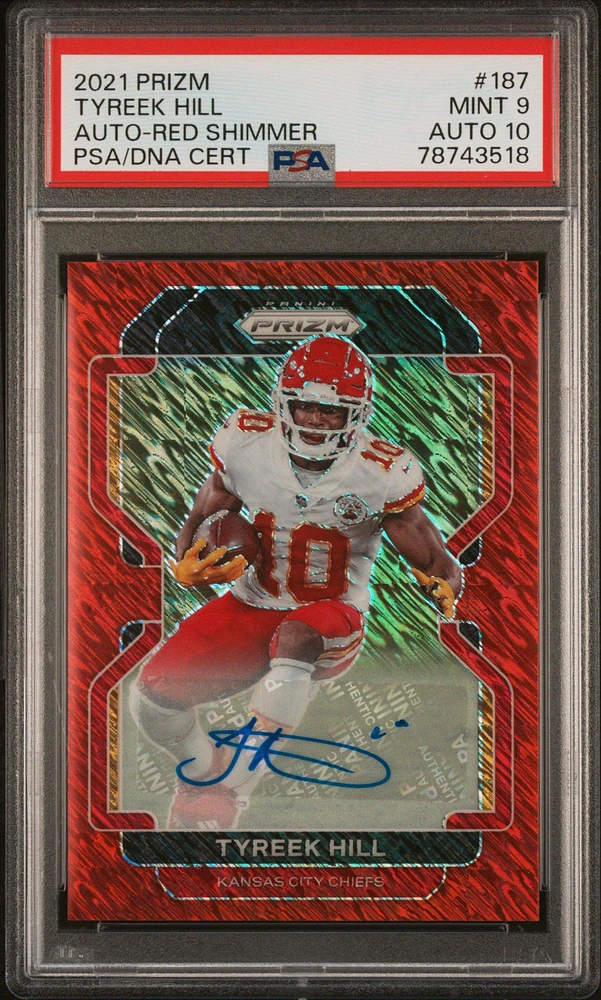 2021 Panini Prizm 187 Tyreek Hill Autograph-red Shimmer PSA 9