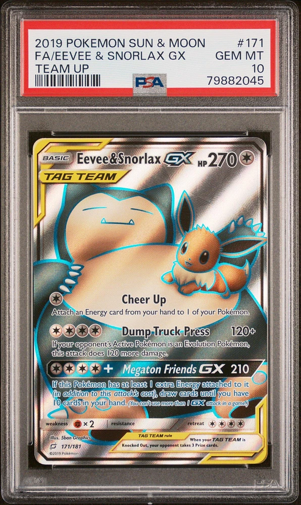 2019 Pokemon Sun & Moon Team Up 171 Fa/eevee & Snorlax Gx PSA 10
