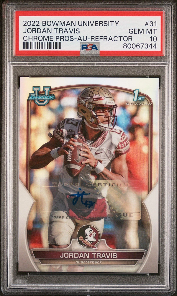2022 Bowman University Chrome Prospects 31 Jordan Travis Autograph-refractor PSA 10