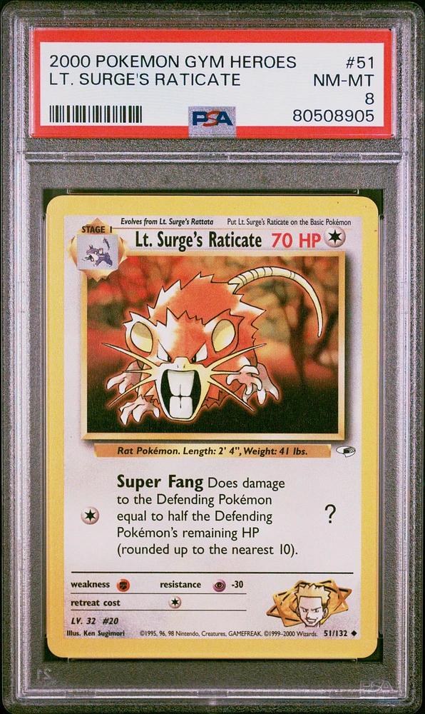 2000 Pokemon Gym Heroes 51 Lt. Surge's Raticate PSA