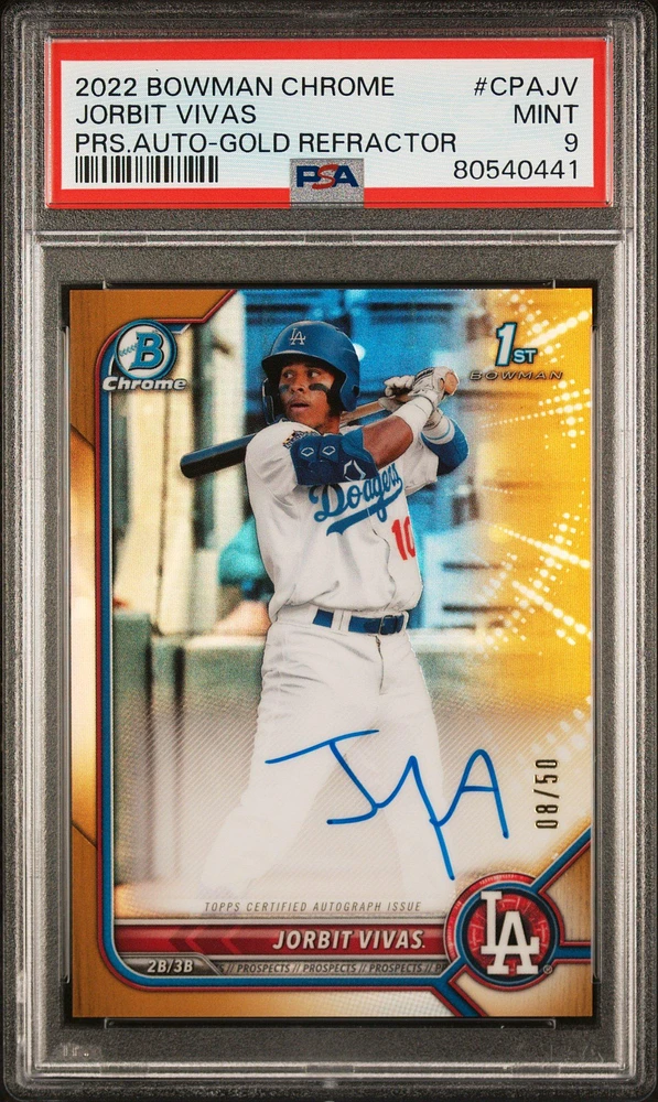 2022 Bowman Chrome Prospect Autographs Cpajv Jorbit Vivas Gold Refractor PSA 9