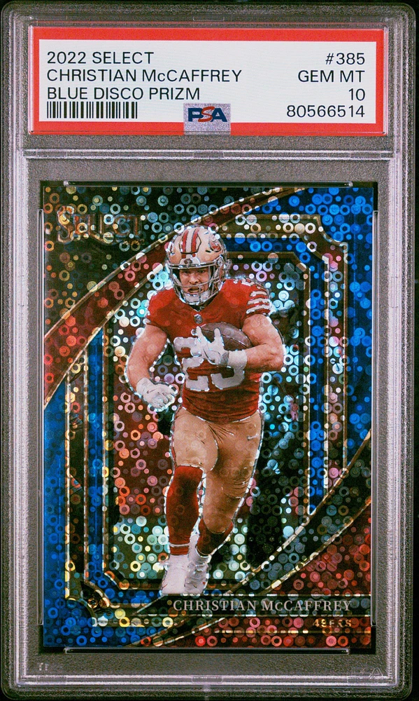 2022 Panini Select 385 Christian Mccaffrey Blue Disco Prizm PSA 10
