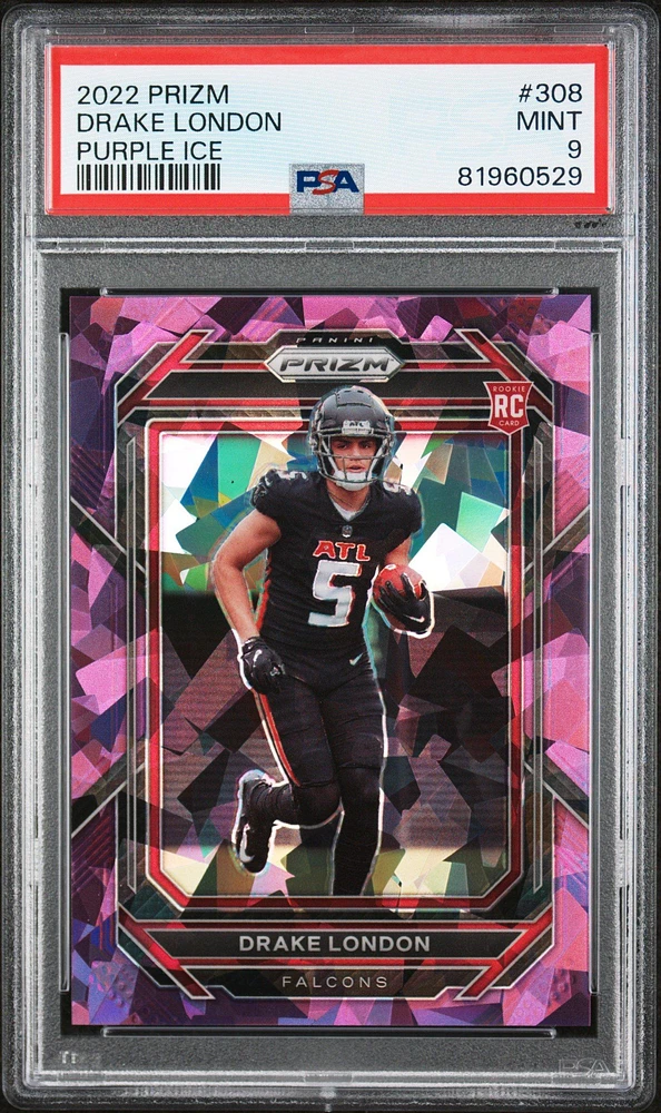 2022 Panini Prizm 308 Drake London Purple Ice PSA 9