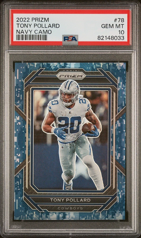 2022 Panini Prizm 78 Tony Pollard Navy Camo PSA 10