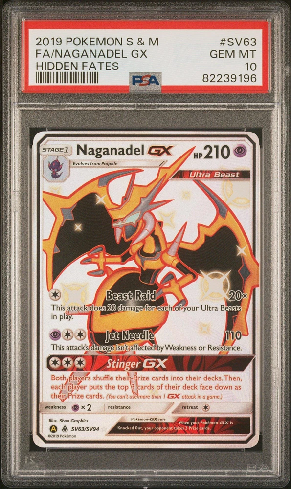 2019 Pokemon Sun & Moon Hidden Fates Sv63 Fa/naganadel Gx PSA 10