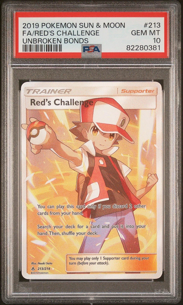 2019 Pokemon Sun & Moon Unbroken Bonds 213 Fa/red's Challenge PSA 10