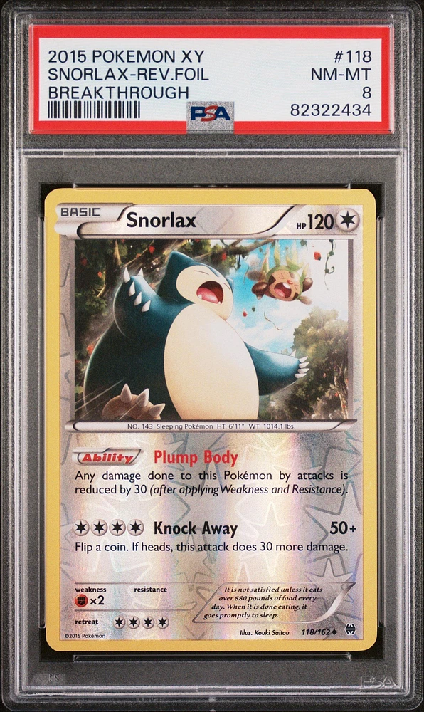 2015 Pokemon Xy Breakthrough 118 Snorlax-reverse Foil PSA 8
