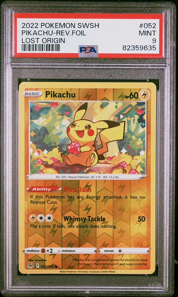 2022 Pokemon Sword & Shield Lost Origin 052 Pikachu-reverse Foil PSA