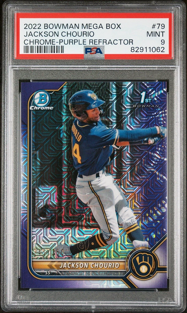 2022 Bowman Mega Box Chrome 79 Jackson Chourio Purple Refractor PSA 9