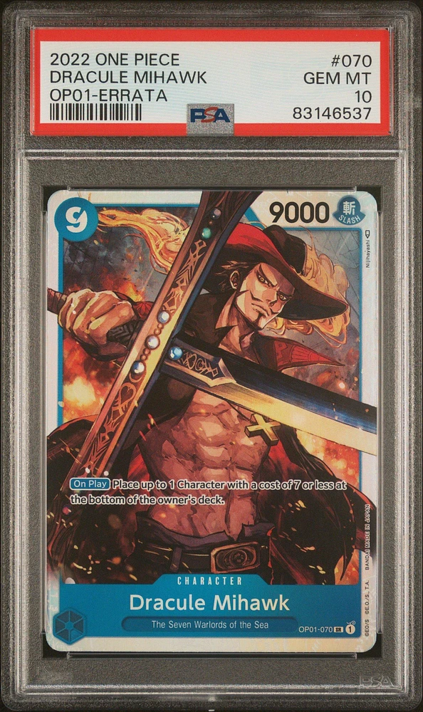 2022 One Piece Romance Dawn 070 Dracule Mihawk Errata PSA 10