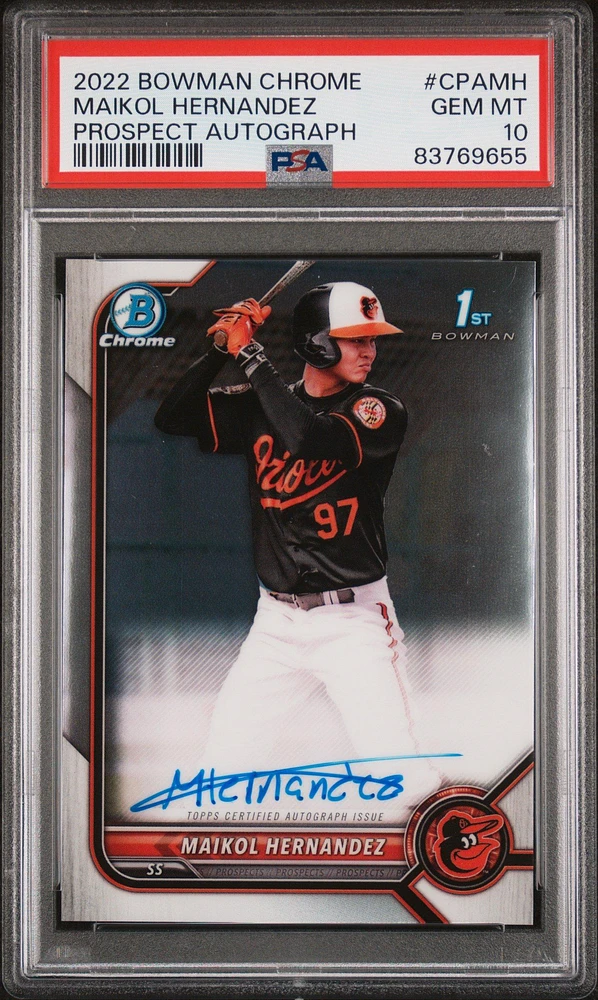 2022 Bowman Chrome Prospect Autographs Cpamh Maikol Hernandez PSA 10