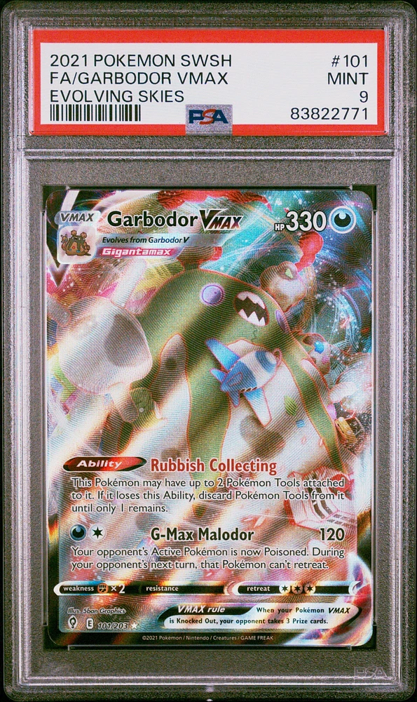 2021 Pokemon Sword & Shield Evolving Skies 101 Full Art/garbodor Vmax PSA 9