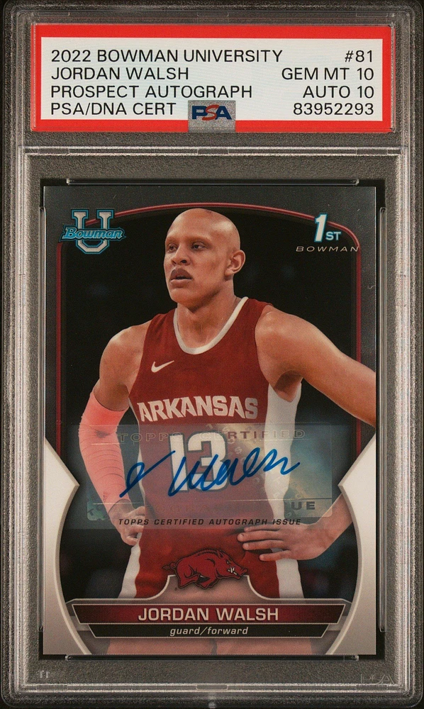 2022 Bowman Chrome University 81 Jordan Walsh Prospect Autograph PSA 10