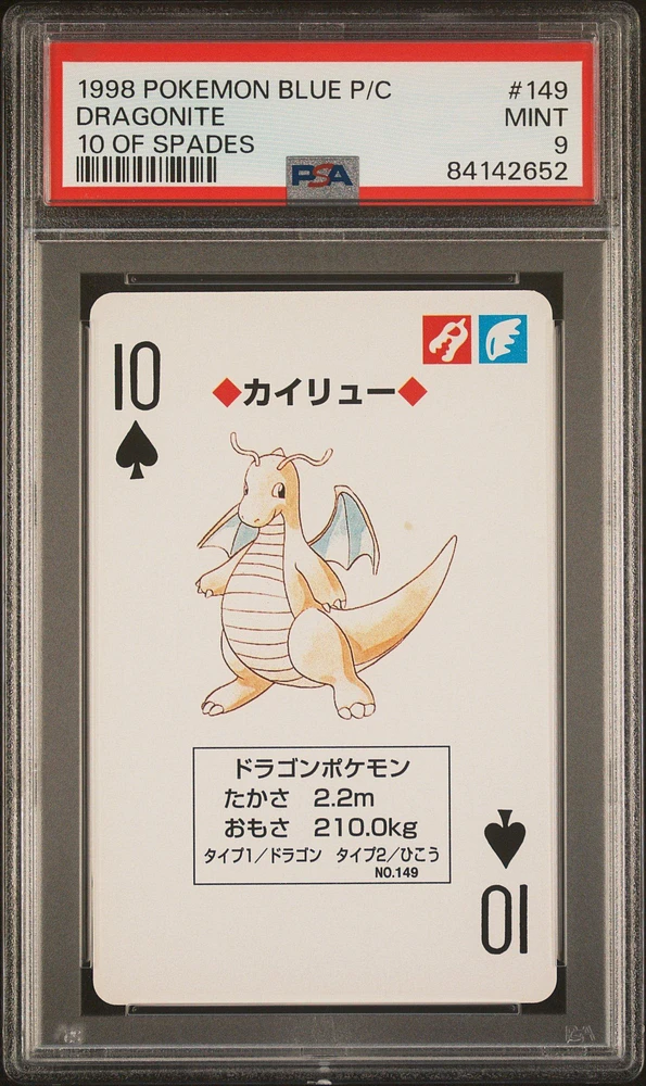 1998 Pokemon Blue Version Playing Cards 149 Dragonite 10 Of Spades PSA 9