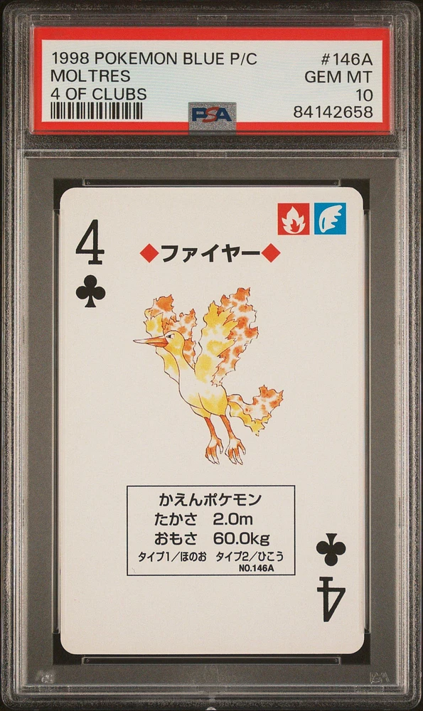 1998 Pokemon Blue Version Playing Cards 146a Moltres 4 Of Clubs PSA 10