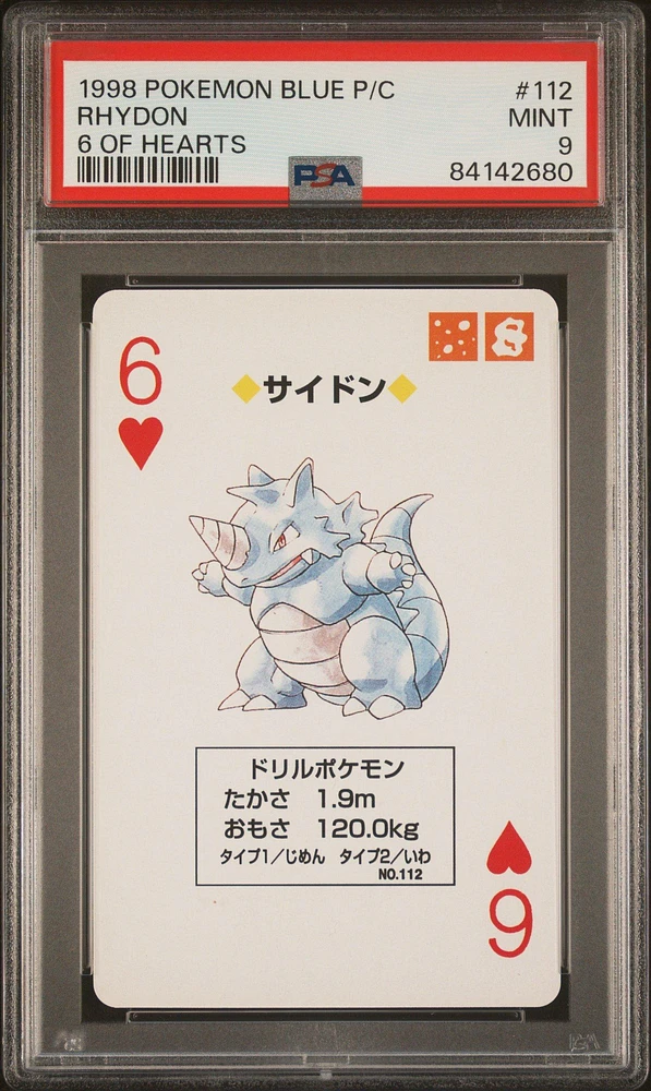 1998 Pokemon Blue Version Playing Cards 112 Rhydon 6 Of Hearts PSA 9
