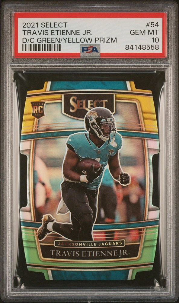 2021 Panini Select 54 Travis Etienne Jr. Die-cut Green/yellow Prizm PSA 10