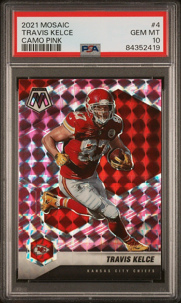 2021 Panini Mosaic 4 Travis Kelce Camo Pink PSA 10