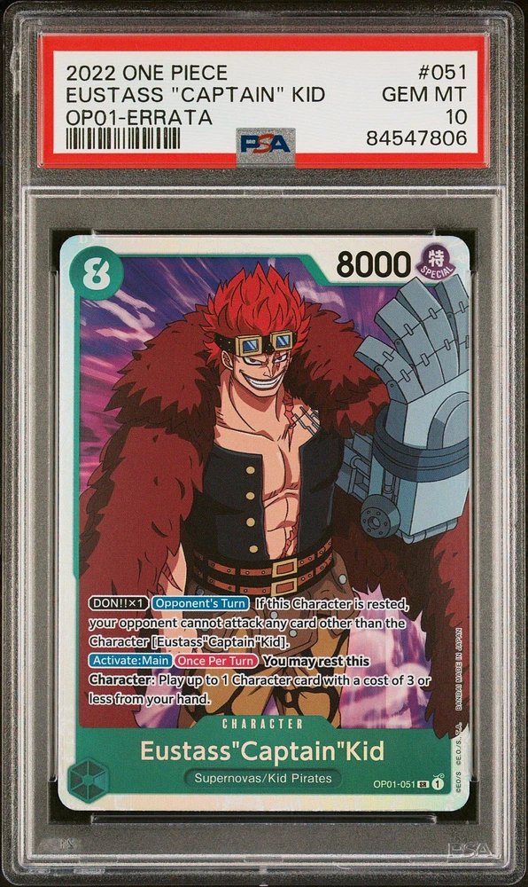 2022 One Piece Romance Dawn 051 Eustass "captain" Kid Errata PSA 10