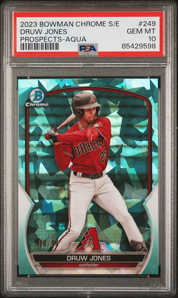 2023 Bowman Chrome Sapphire Edition Prospects 249 Druw Jones Aqua PSA 10