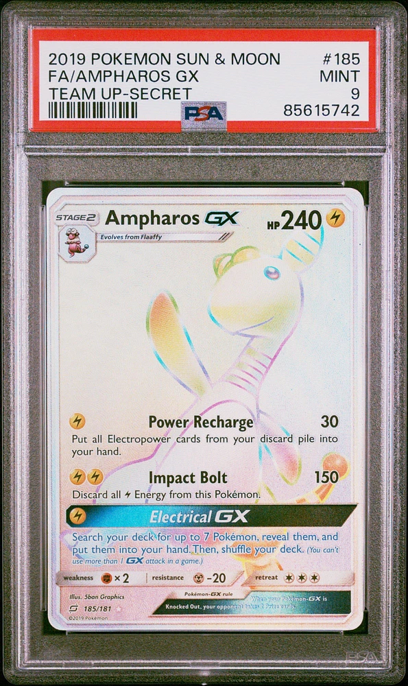 2019 Pokemon Sun & Moon Team Up 185 Full Art/ampharos Gx Secret PSA 9