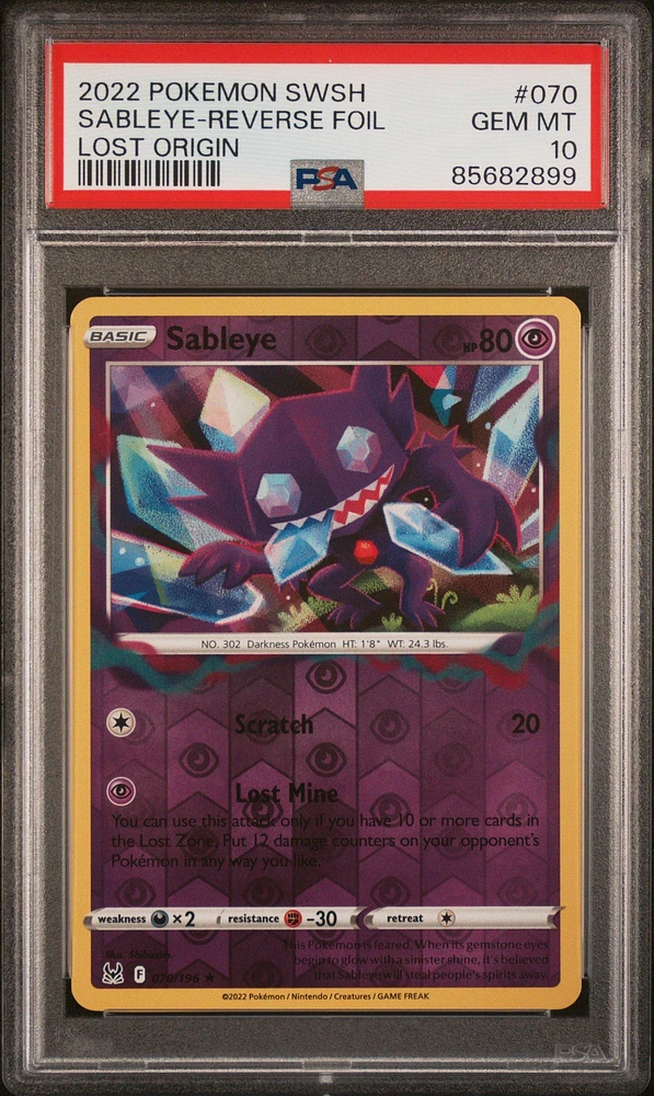 2022 Pokemon Sword & Shield Lost Origin 070 Sableye-reverse Foil PSA 10