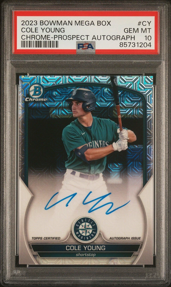 2023 Bowman Mega Box Chrome Prospect Autographs Cy Cole Young PSA 10