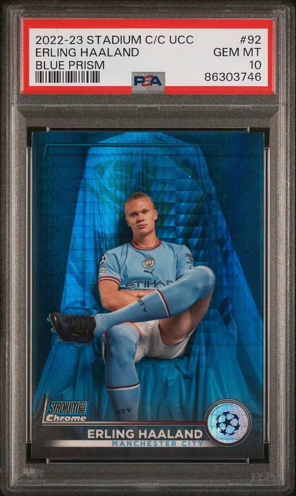 2022-23 Topps Stadium Club Chrome Uefa Club Competitions 92 Erling Haaland Blue Prism Refractor PSA 10