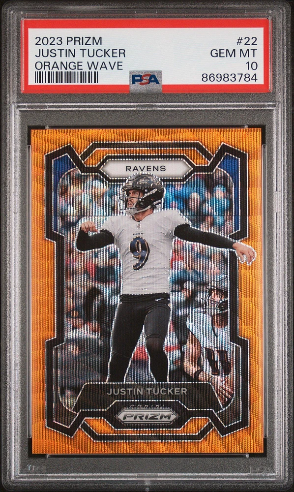 2023 Panini Prizm 22 Justin Tucker Orange Wave PSA 10