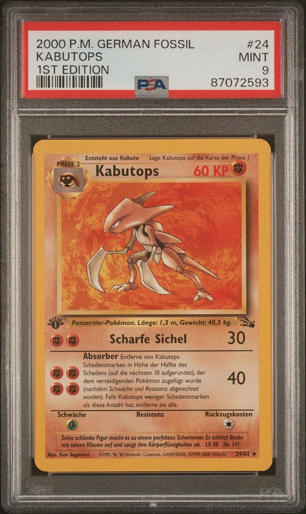 2000 Pokemon German Fossil 24 Kabutops 1st Edition PSA 9