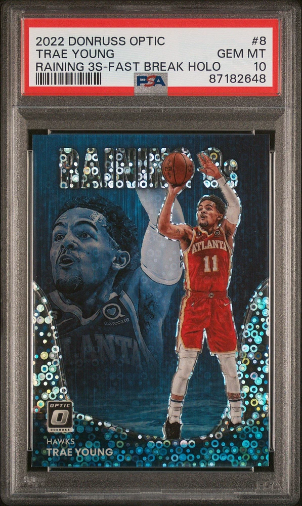 2022 Panini Donruss Optic Raining 3s 8 Trae Young Fast Break Holo PSA 10